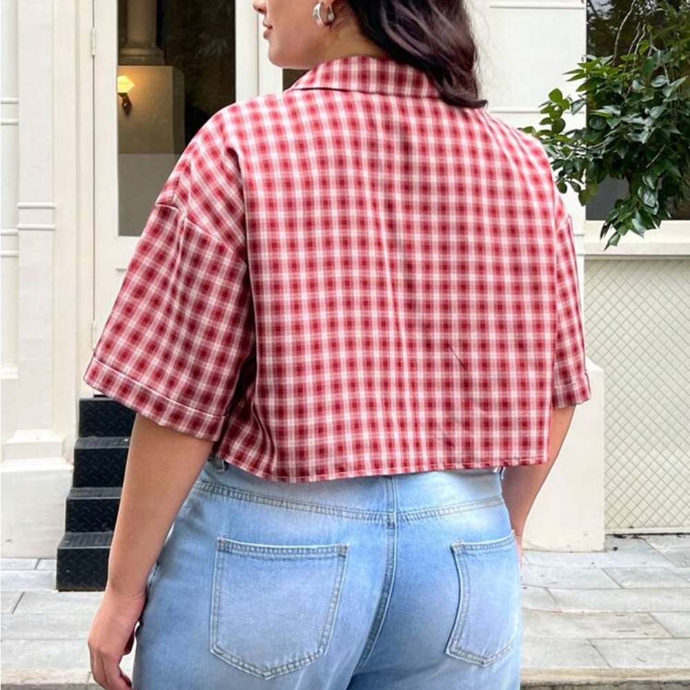 Plaid Button-Up Red Top - Picture 2 of 6